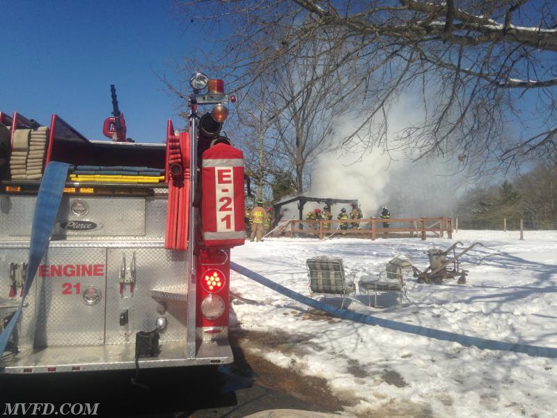 Engine 21 operates on a shed fire off of Budds Creek Road. 